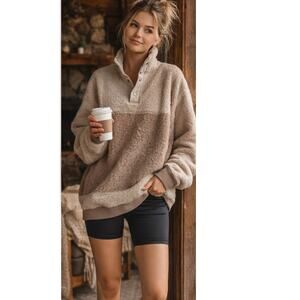 Outdoor Voices MegaFleece Snap Sweatshirt Beige Tan Neutral Wool Medium